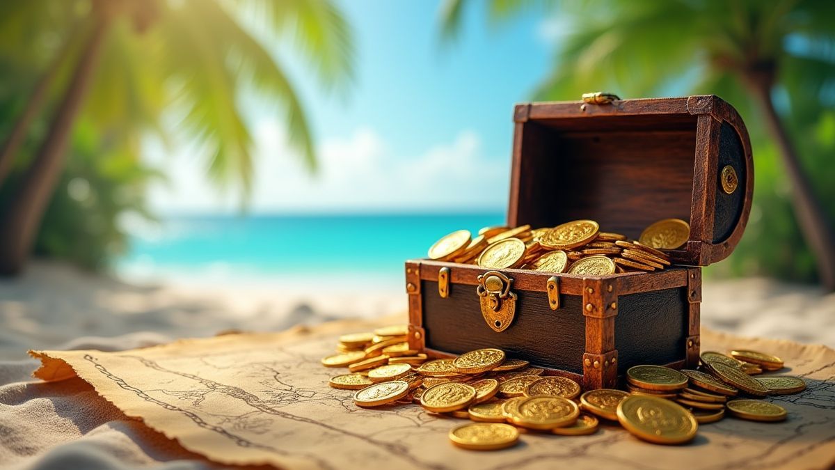 Cofre do tesouro em uma praia tropical rodeado de moedas de ouro.