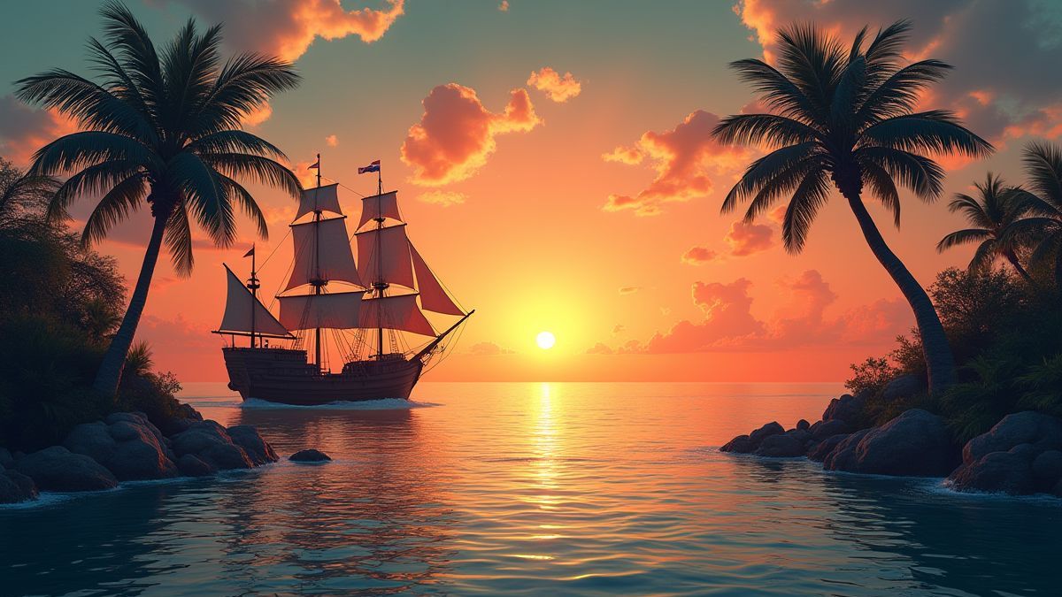 Ilha tropical com palmeiras, um barco pirata e um pôr do sol.
