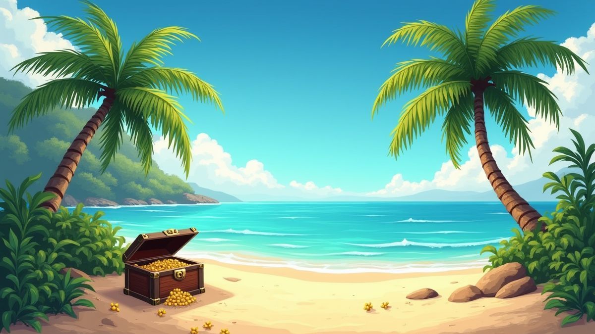 Une île tropicale avec des palmiers et un coffre au trésor enterré dans le sable.