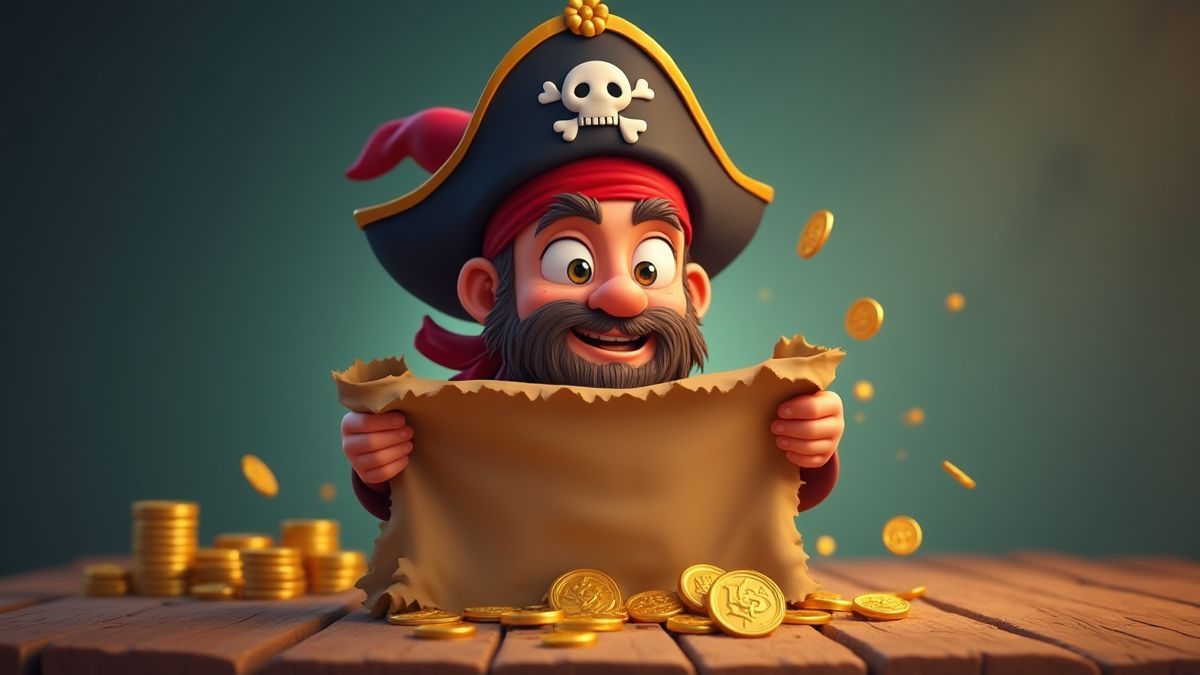 Un pirate tenant une carte au trésor, entouré de pièces d'or.