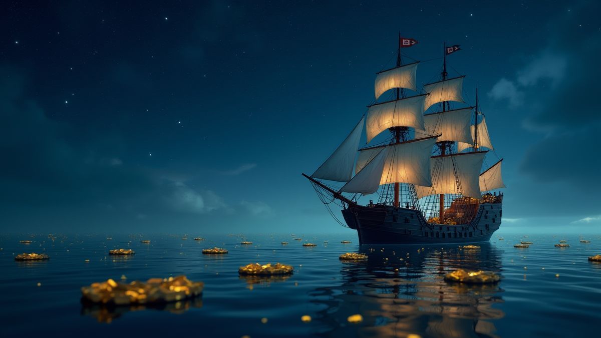 Um barco pirata navegando sob um céu estrelado rodeado de moedas douradas.