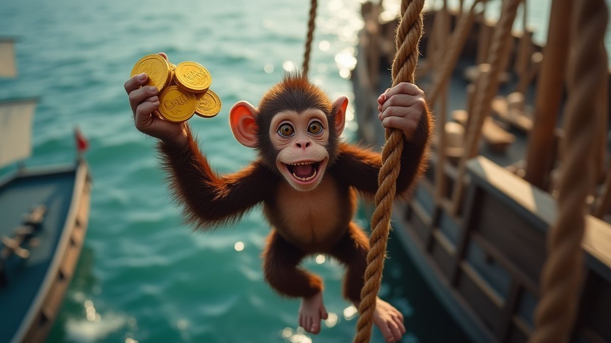 Um macaco travesso segurando moedas de ouro em um barco pirata.