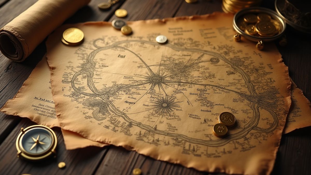Schatkaart op een houten tafel omringd door gouden munten en een kompas.