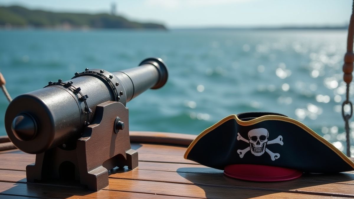 Piraat hoed en kanon op het dek van een schip met de oceaan op de achtergrond.