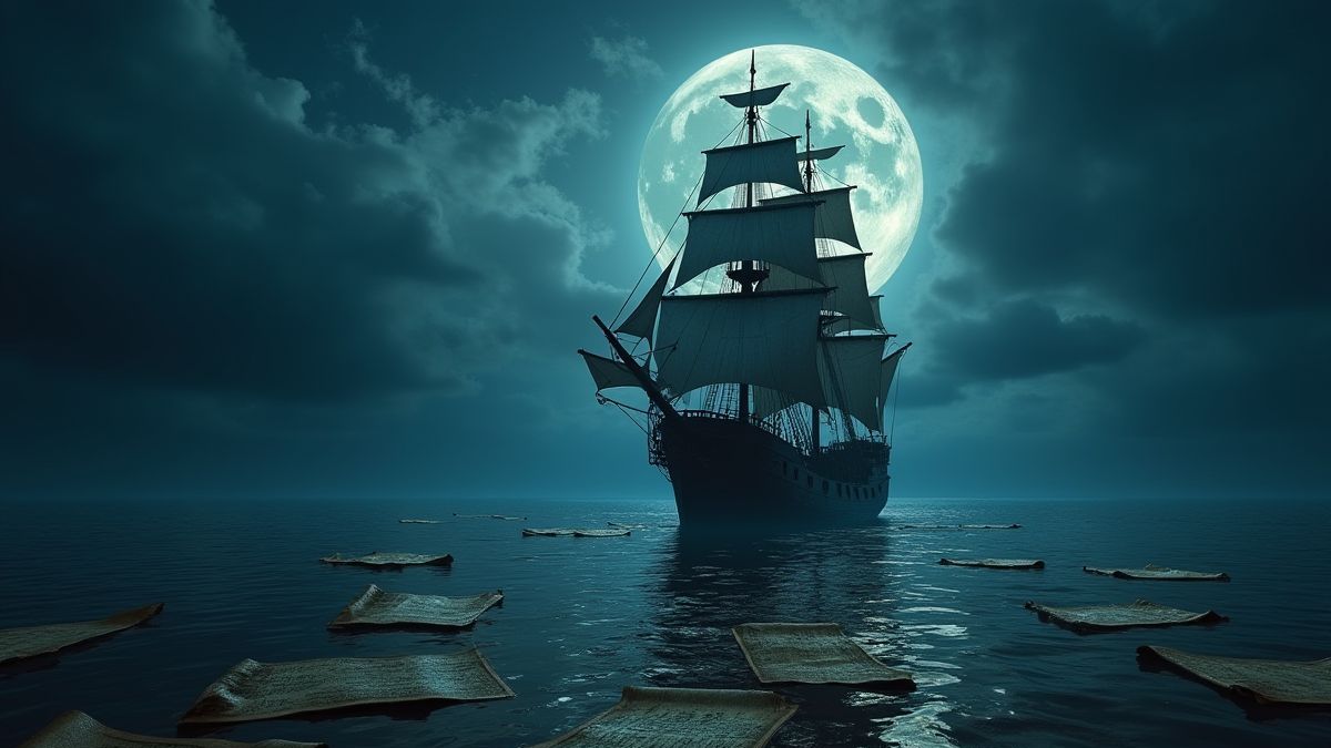 Bateau pirate naviguant sous la pleine lune entouré de cartes au trésor.