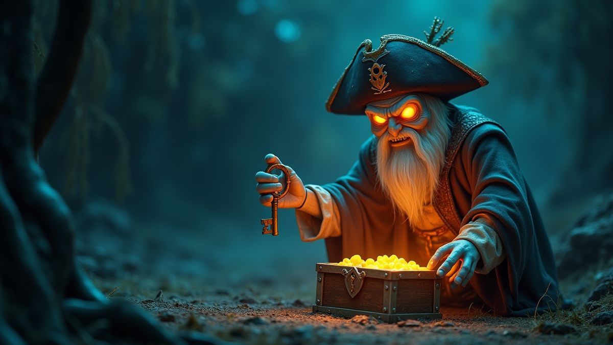 Capitaine pirate fantomatique tenant une clé lumineuse à côté d'un coffre au trésor.