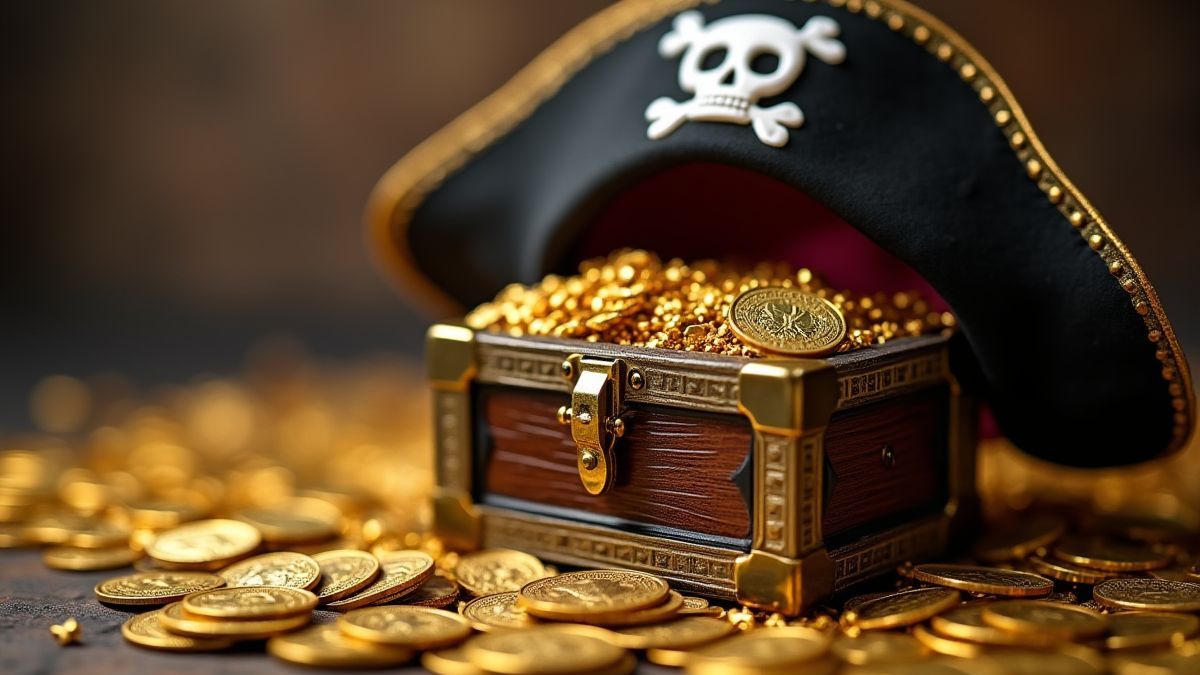 A treasure chest filled with gold coins next to a pirate hat.