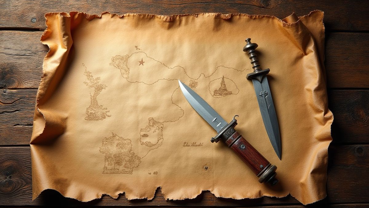 A pirate map laid out on a wooden table with a compass and a dagger beside it.