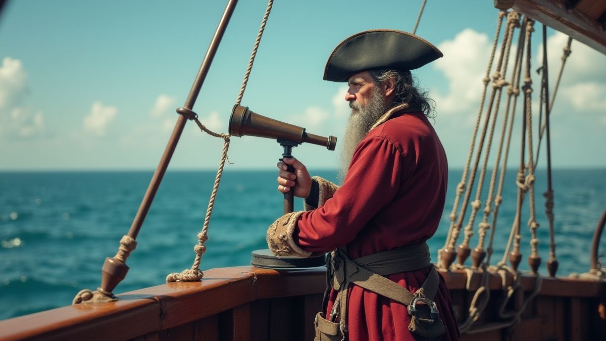 A pirate captain on the deck of a ship with a telescope looking towards the horizon.