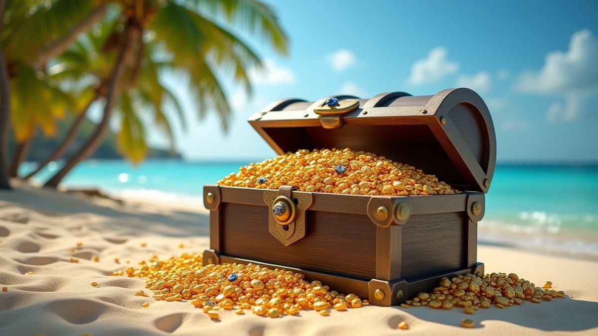 Cofre do tesouro cheio de ouro e joias em uma praia tropical.