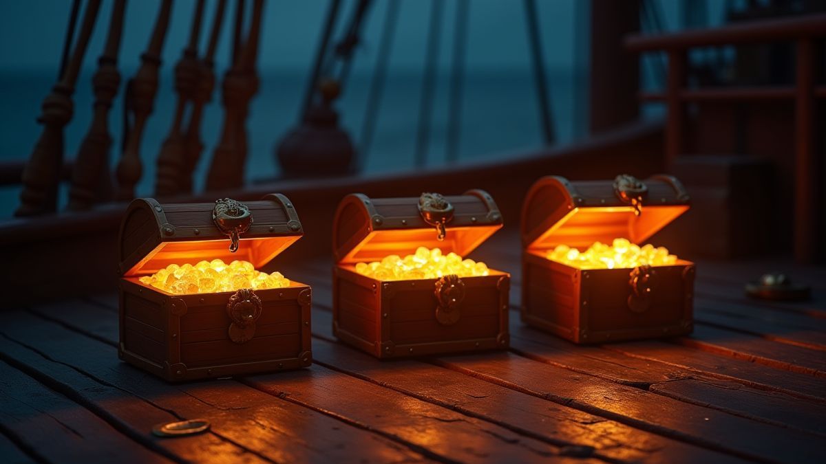 Pirata escolhendo entre três cofres do tesouro brilhantes em um barco.