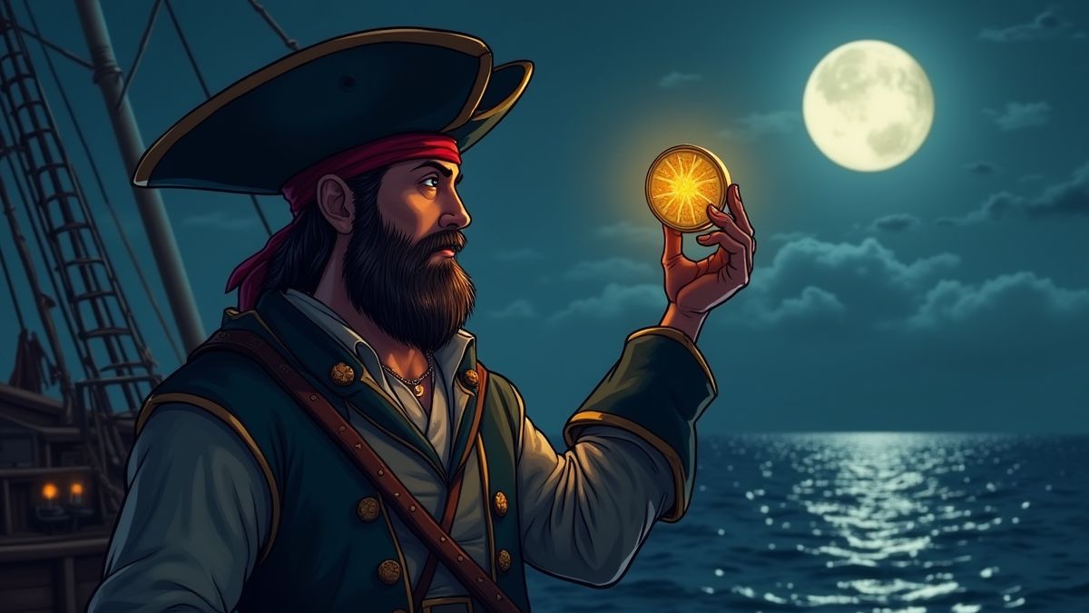 Pirate hält eine Goldmünze auf dem Schiffsdeck im Mondlicht.