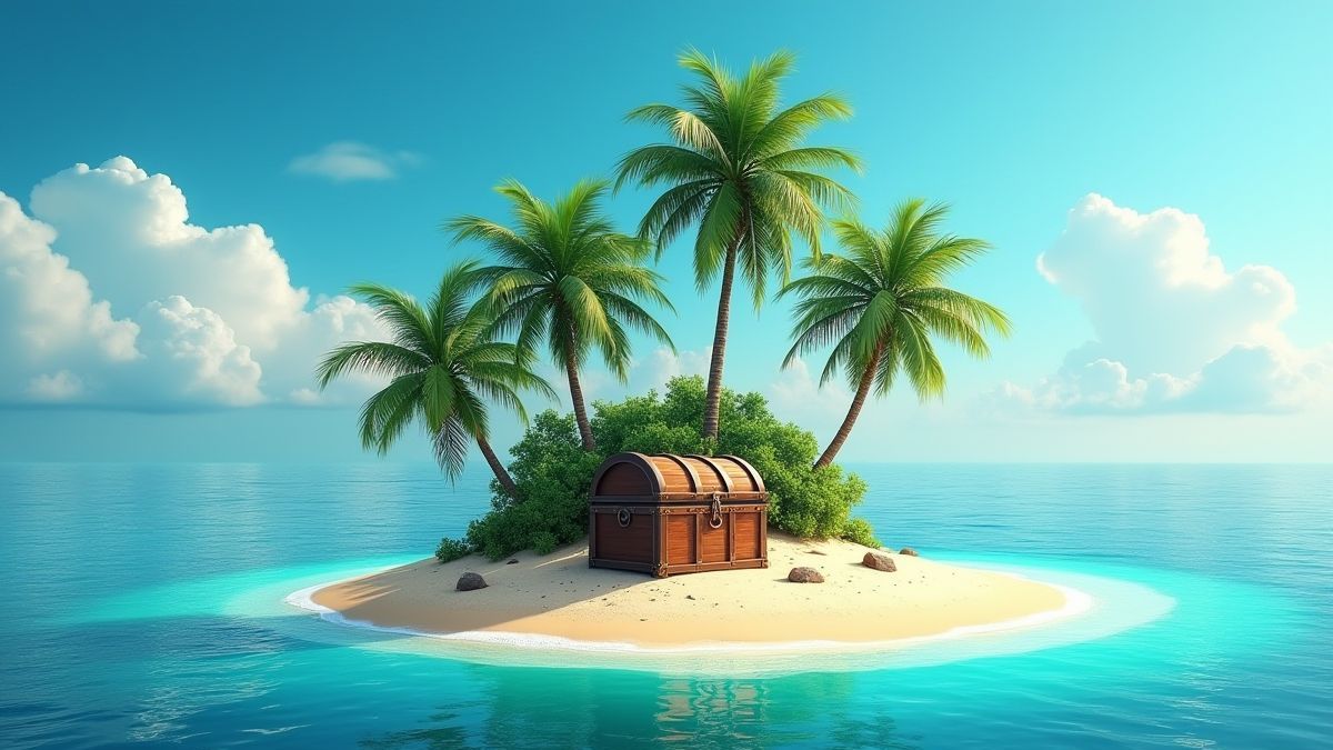 Ruhige Insel umgeben von türkisfarbenem Wasser mit einer teilweise im Sand vergrabenen Schatztruhe.