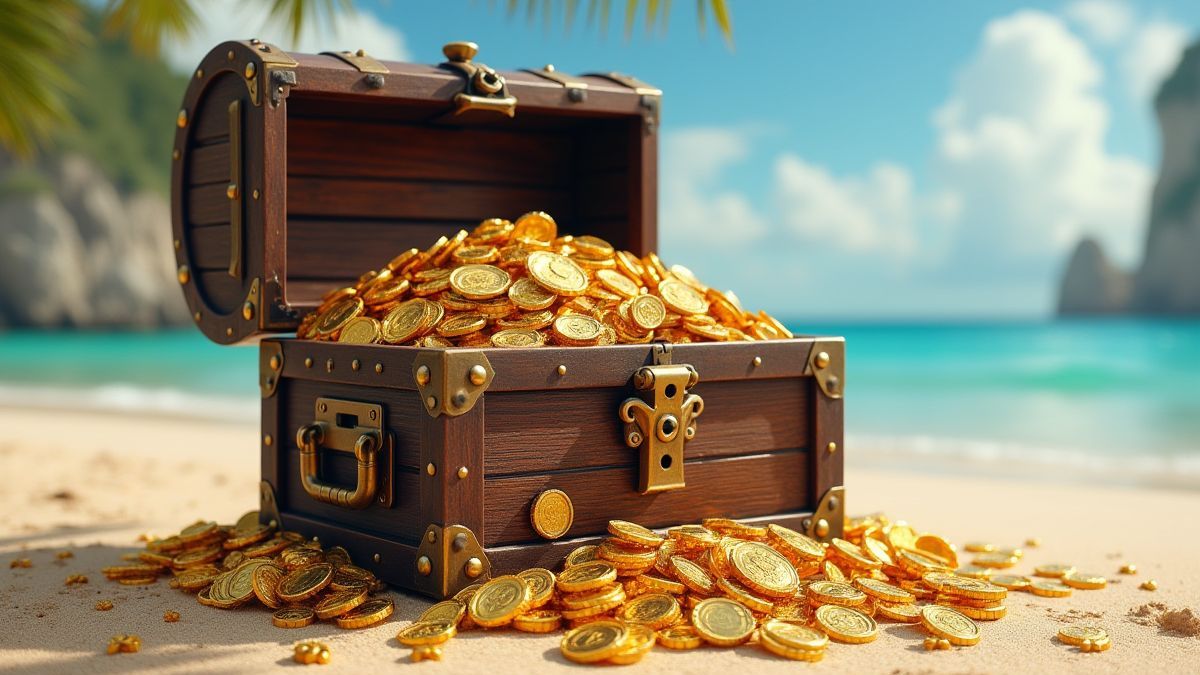 A treasure chest full of gold coins and jewels on a beach with pirate flags.