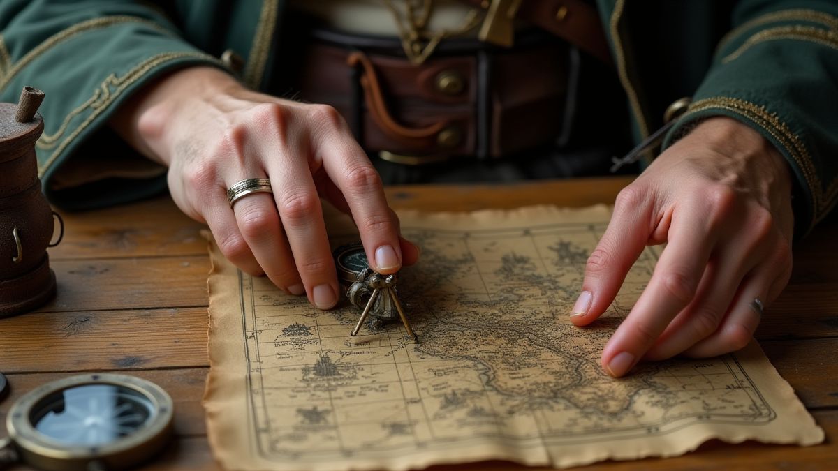 A pirate adjusting a compass and a map on a wooden table.