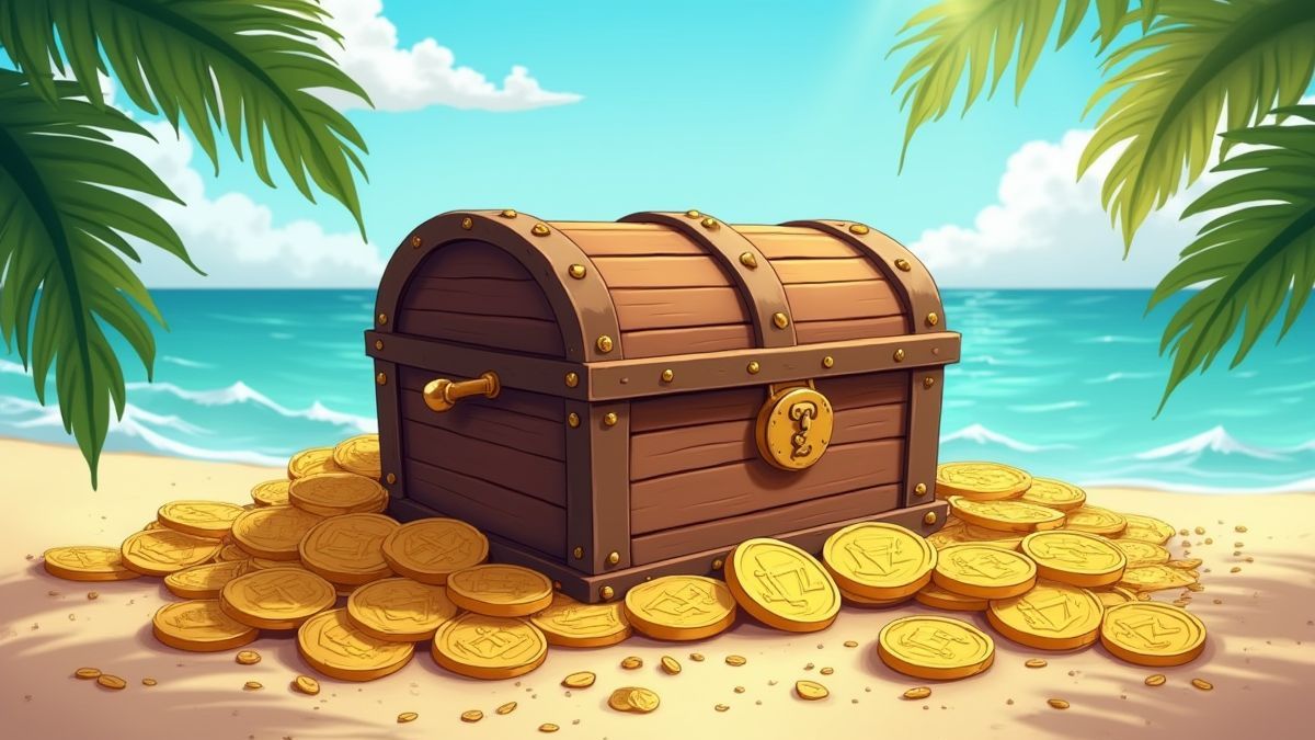Coffre de pirate rempli de pièces d'or sur une plage tropicale.