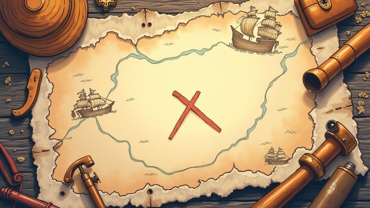 Carte pirate avec outils nautiques comme boussoles et télescopes.