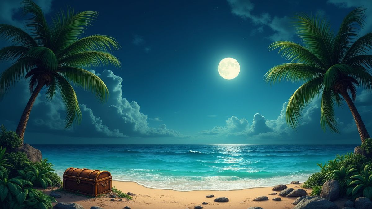 Una isla tropical con arena dorada y un cofre del tesoro bajo la luz de la luna.