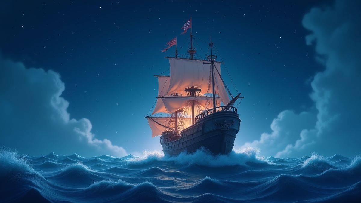 Un barco pirata navegando en mares agitados bajo un cielo estrellado.