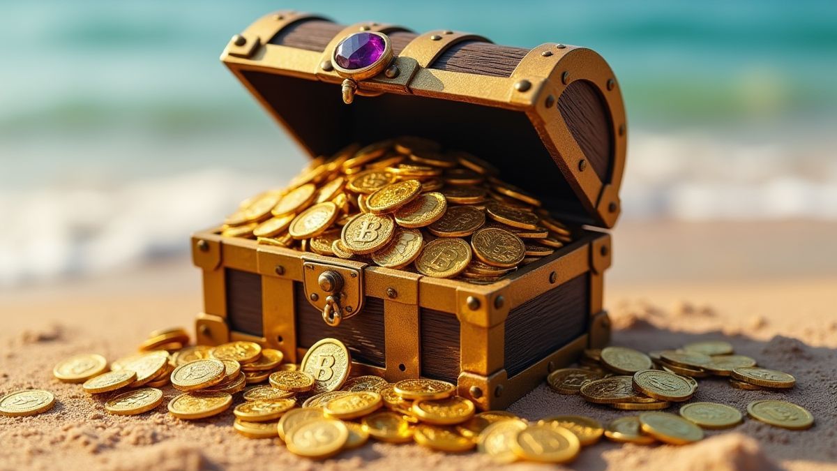 A treasure chest full of gold coins and jewels on a sandy beach.