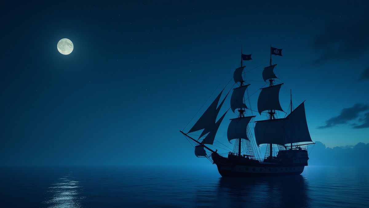 A pirate ship sailing under a starry sky with the moon reflecting on the water.