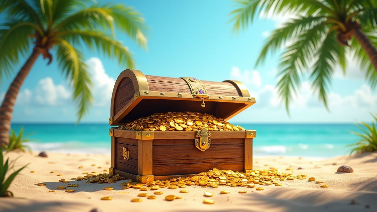 Um cofre do tesouro cheio de moedas de ouro e pedras preciosas em uma praia.