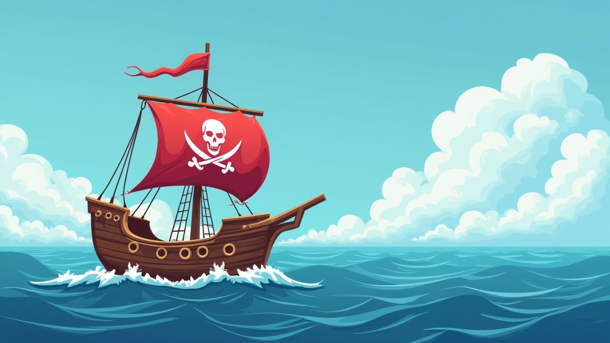 Uma bandeira pirata ondulando em um barco com o oceano ao fundo.