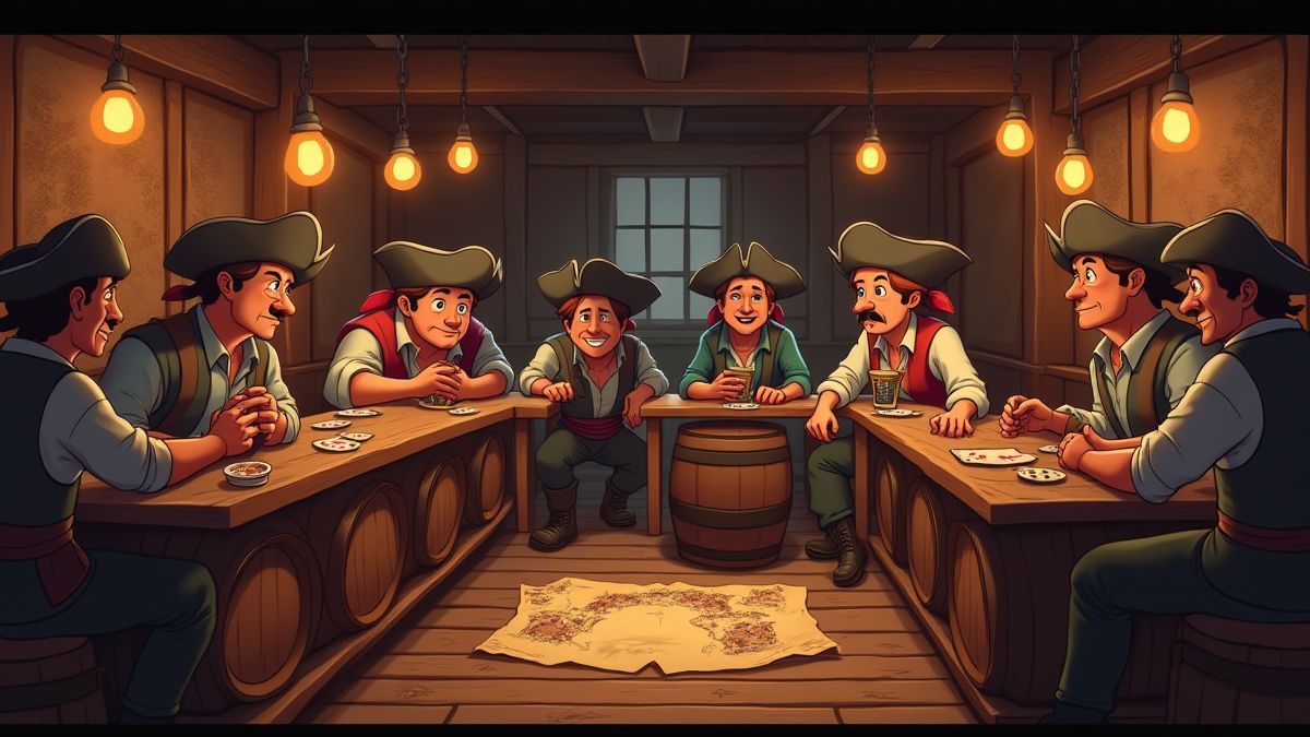 Um bar pirata animado com barris de rum e mapas do tesouro.