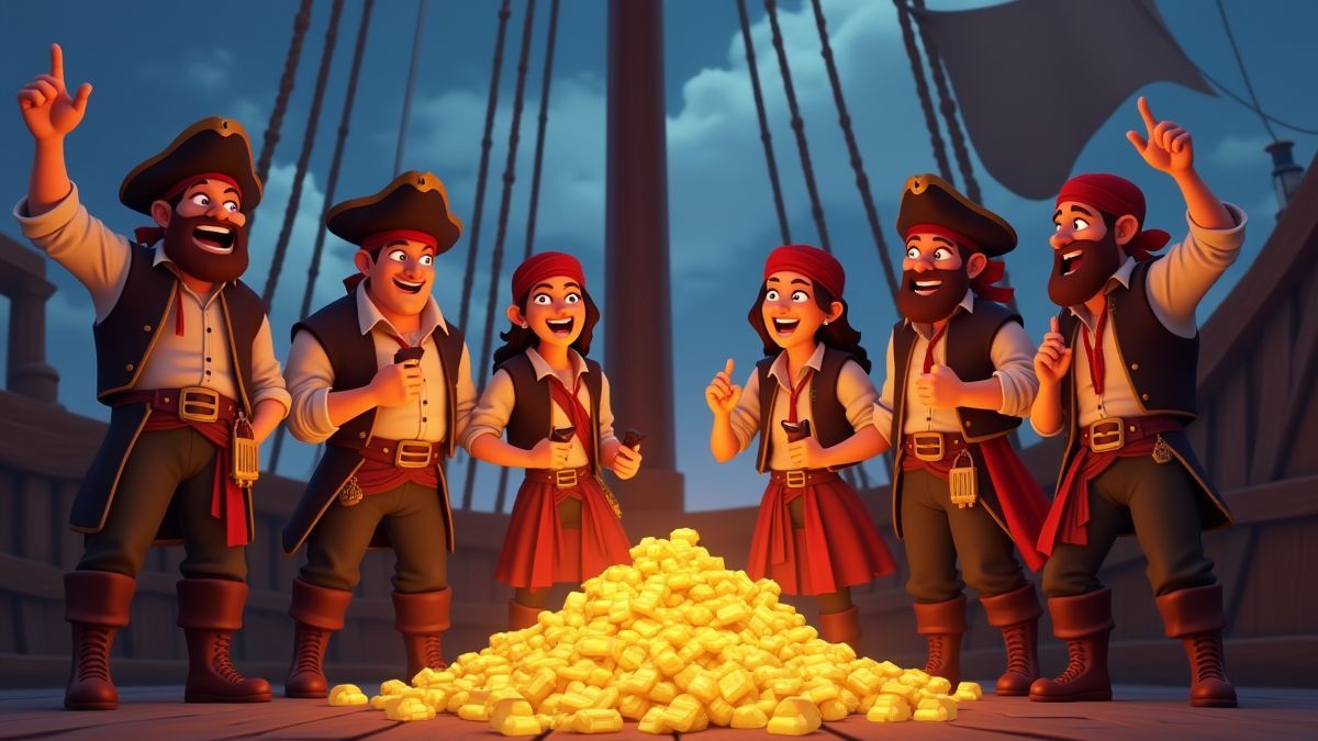 Tripulação pirata celebrando com tesouros e moedas.