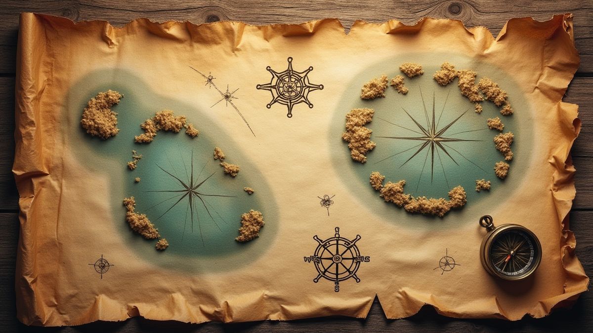 Carte au trésor pirate avec des îles marquées et une boussole.