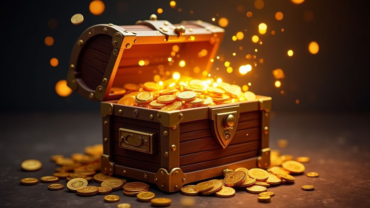 Cofre do tesouro cheio de moedas de ouro e joias.