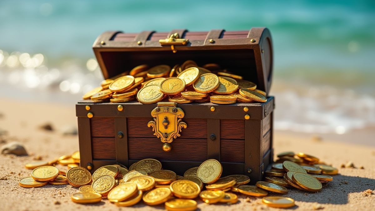 Um cofre do tesouro cheio de moedas de ouro e joias em uma praia.
