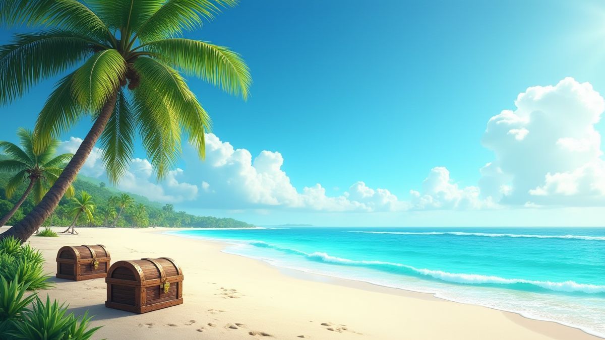 Una isla tropical con palmeras y cofres del tesoro en la playa.