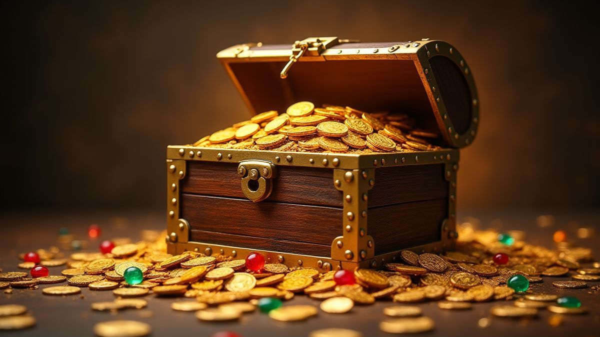 Un cofre del tesoro lleno de monedas de oro y joyas.