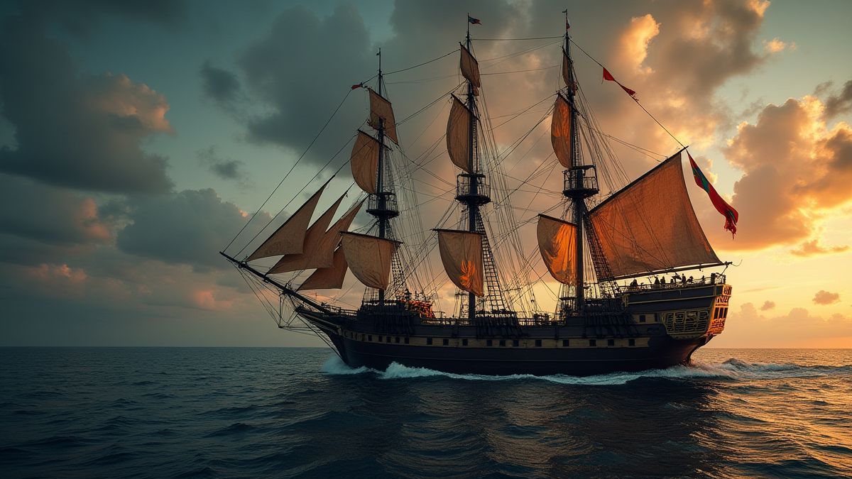Un barco pirata con cañones listos para disparar, navegando bajo un cielo dramático.