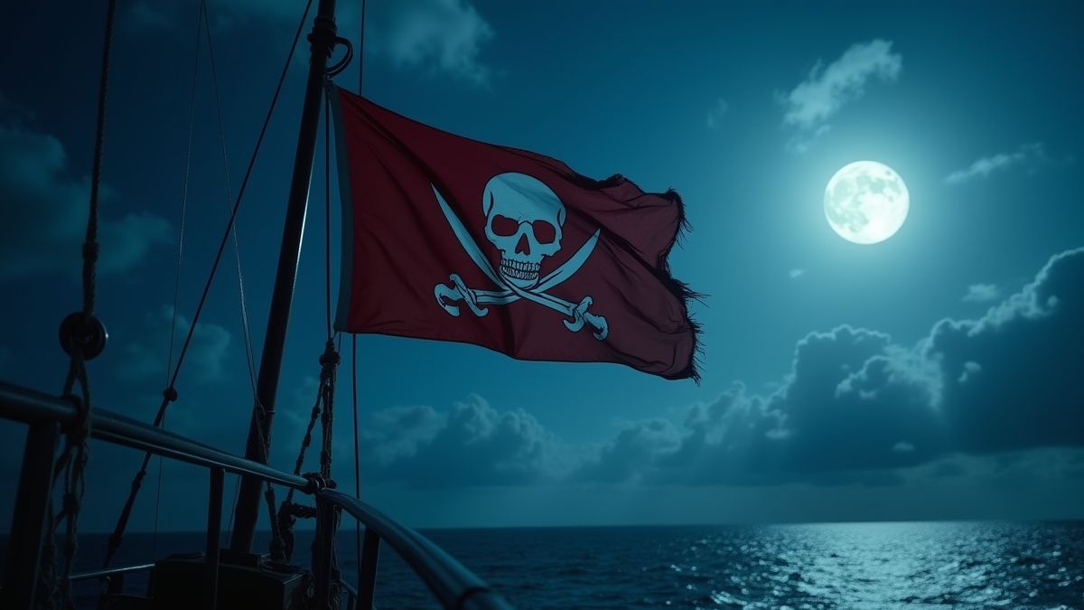 A pirate flag waving on a ship under the moonlight.