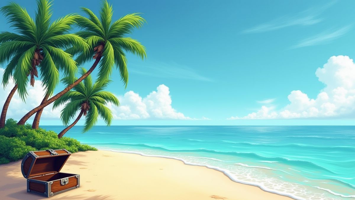 A tropical island with palm trees and a treasure chest half-buried in the sand.