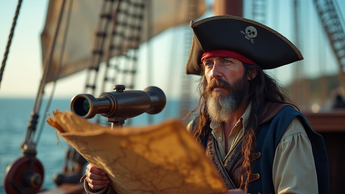 A pirate holding a map and looking through a telescope on a ship's deck.