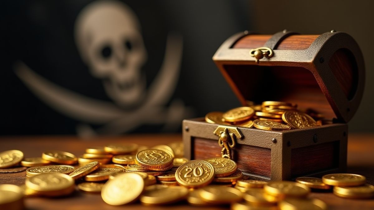 Gouden munten die in een schatkist vallen met een piratenvlag op de achtergrond.