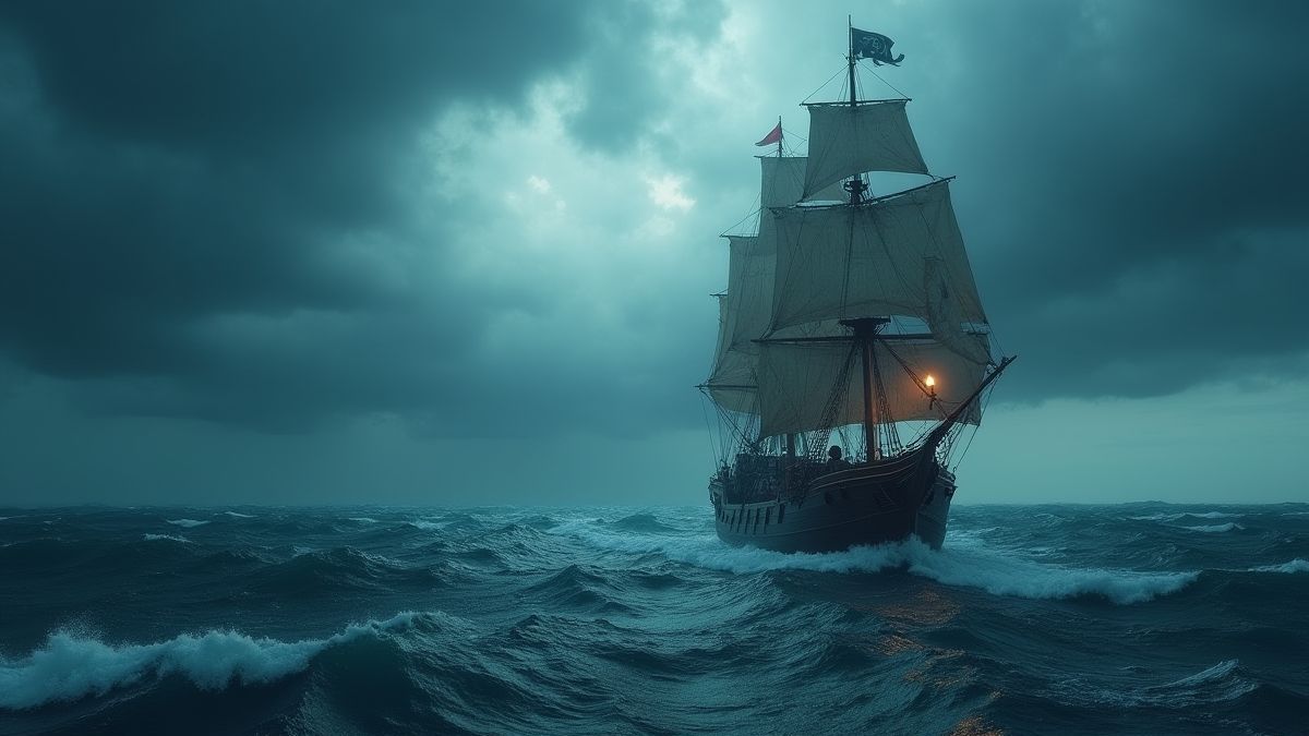 Piraat schip op ruwe zeeën onder een stormachtige lucht.