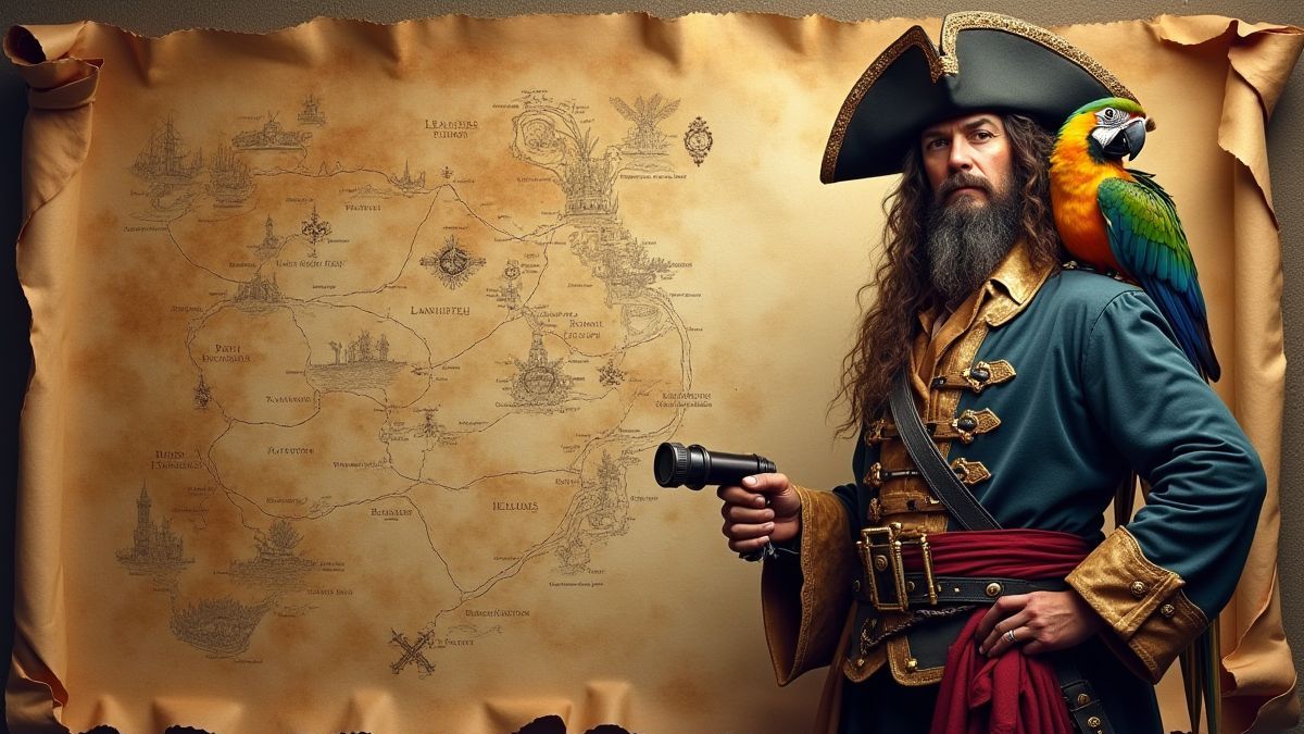 Piraatkapitein naast een schatkaart met een papegaai op zijn schouder.