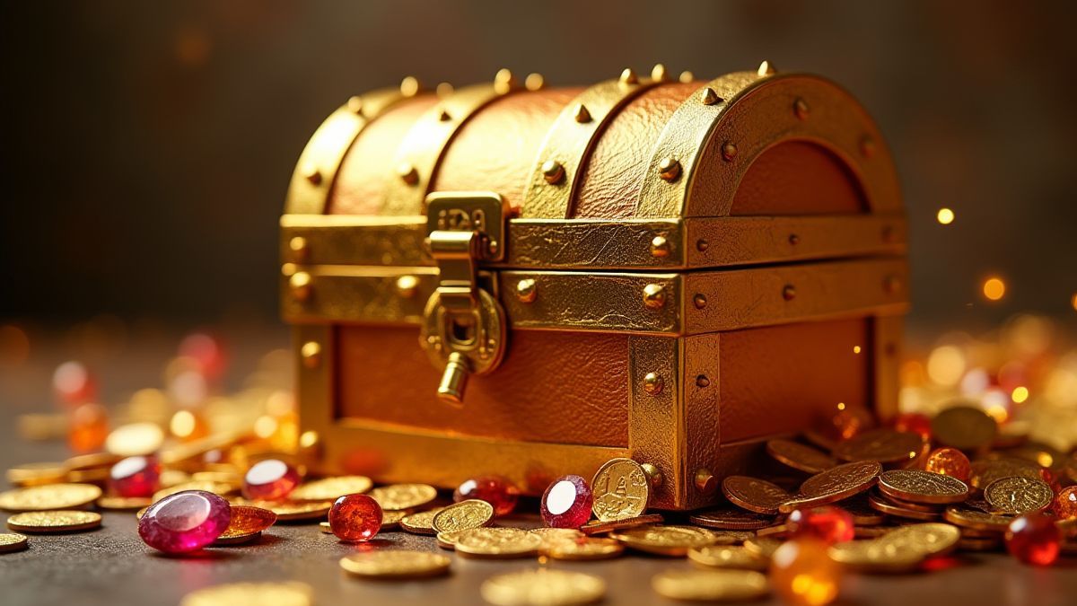 Gouden schatkist omringd door juwelen en gouden munten.