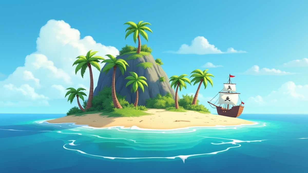 Geanimeerd tropisch eiland met palmbomen en een piratenschip dat in de buurt is aangelegd.