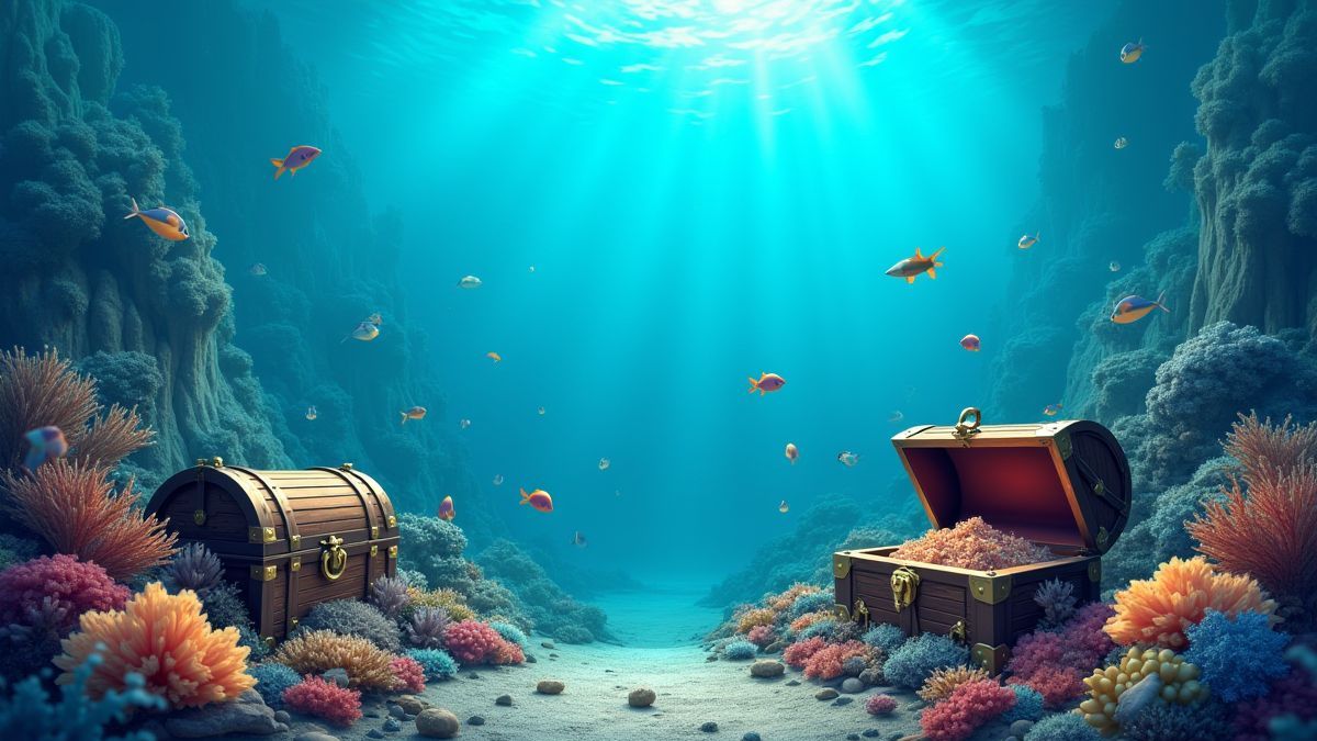 An underwater scene with treasure chests and colorful marine life.