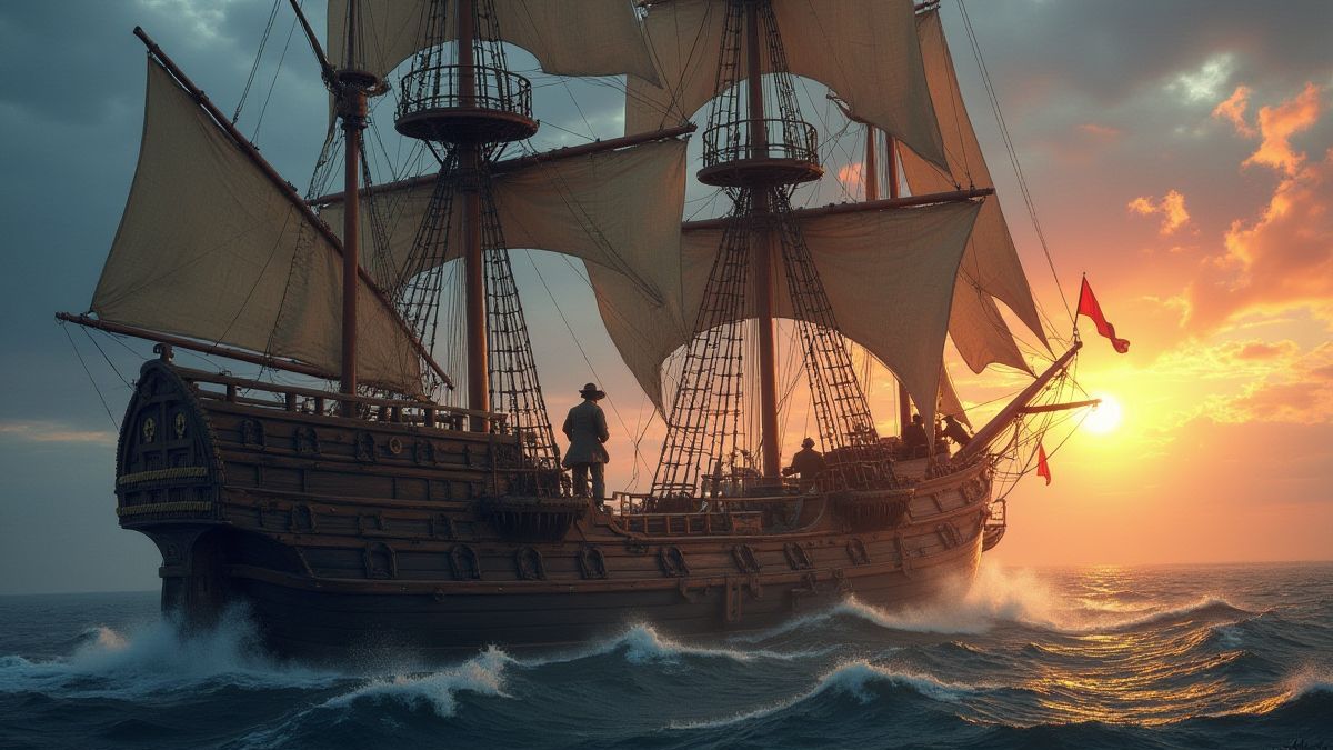 A pirate ship firing cannons at another ship during a battle.