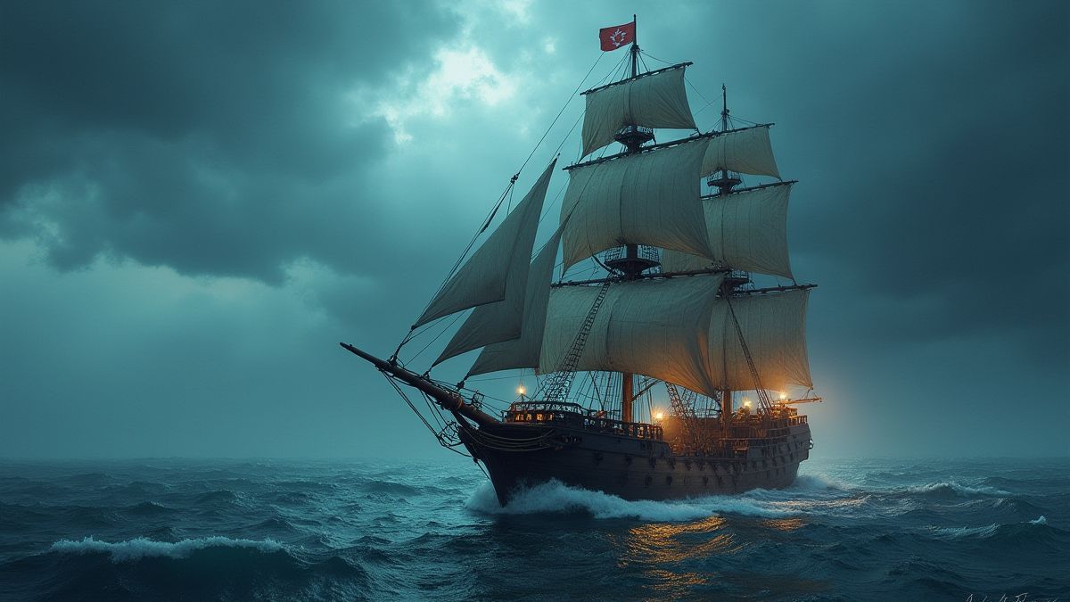 Piraten schip dat door een stormachtige zee vaart met schatkisten verspreid op het dek.