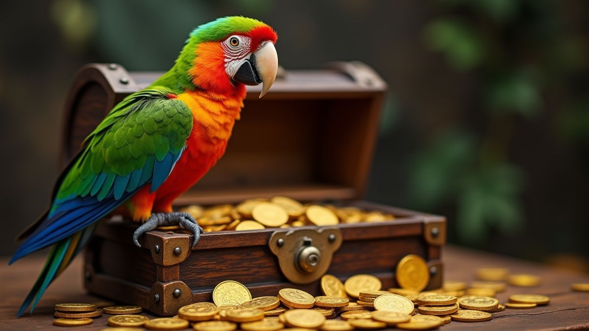 Kleurrijke papegaai zittend op een schatkist omringd door gouden munten.