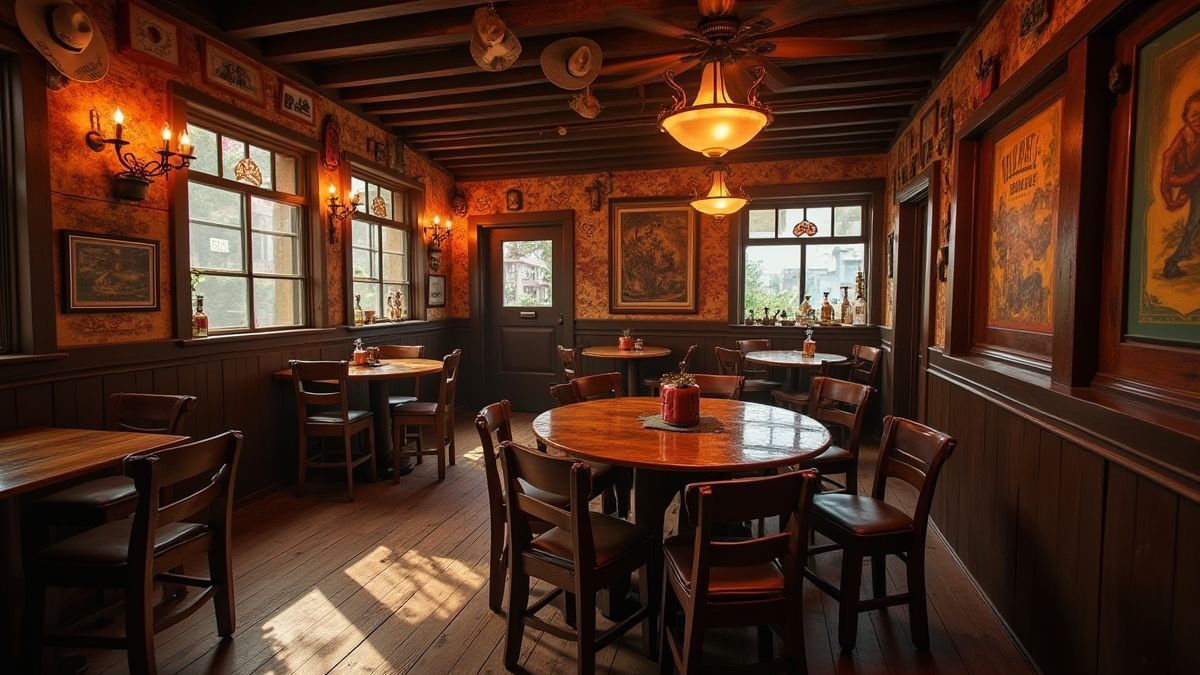 Interior de um salão do Velho Oeste com mesas de madeira e portas vaivém.