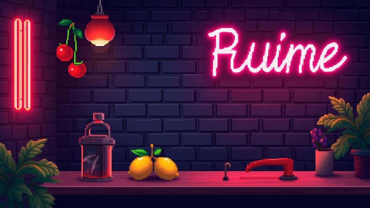 Sala de arcade retro con luces de neón y símbolos de frutas como cerezas y limones.