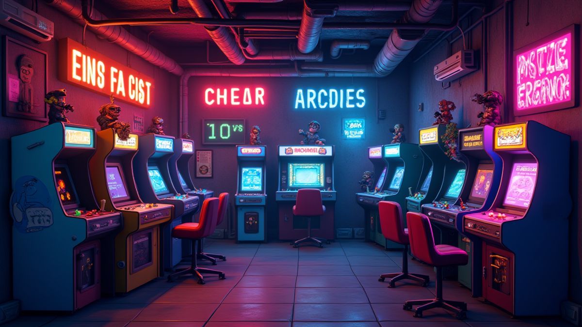 Una sala de juegos arcade con personajes pixelados y luces de neón.
